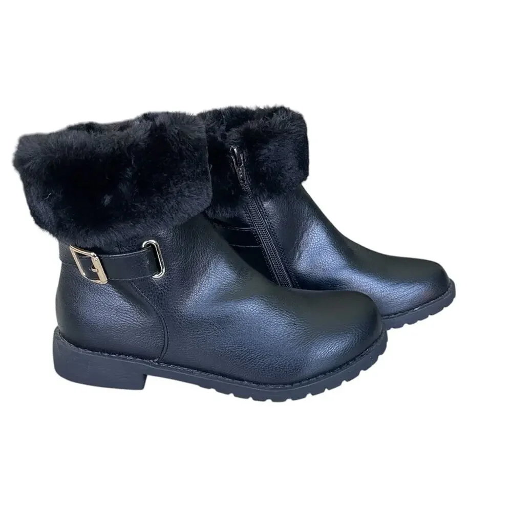 The Children's Place Faux Fur and Leather Side Buckle Booties Black Size 2